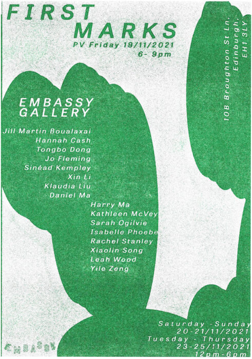 A Poster with the title 'First Marks' green bloods against an off-white background with a speckled riso-print texture. Text featuring the names of exhibiting artists