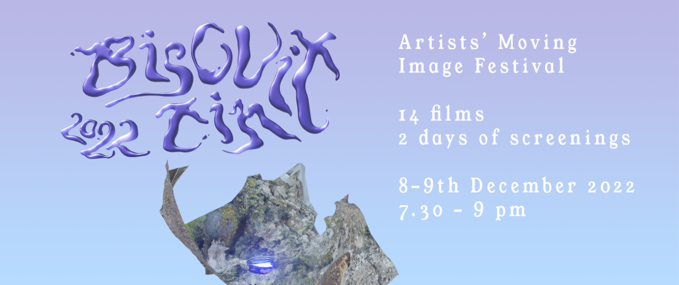 Shiny purple metallic text logo of 'Biscuit Tin 2022' floats above a pointy dark 3D model of a vulcanic boulder with a small blue glowing biscuit tin besides it. Text across page reads: ‘Artist Moving Image Festival. 14 films. 2 days of screenings. 8-9 December 2022. 7.30-9pm.'