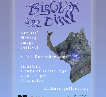 Shiny purple metallic text logo of 'Biscuit Tin 2022' floats above a pointy dark 3D model of a vulcanic boulder with a small blue glowing biscuit tin besides it. Text across page reads: ‘Artist Moving Image Festival. 8-9 December 2022. 14 artists. 2 days of screenings. 7.30-9pm. Free entry. Embassygallery.org. EMBASSY gallery, 10b Broughton Street Lane, Edinburgh, EH1 3LY.’